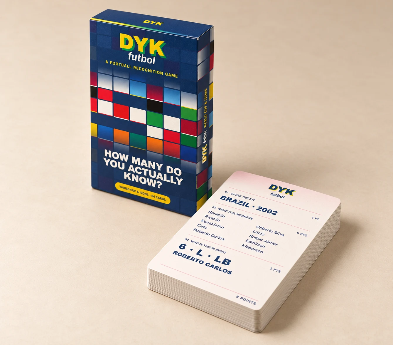 The DYK futbol World Cup & Icons tuck box beside the physical card deck