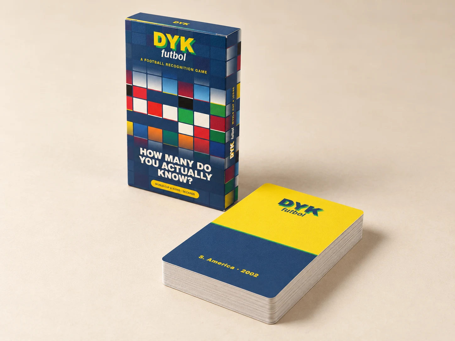 The yellow and navy DYK futbol 2002 card with a green seam, on a stack beside the World Cup & Icons box
